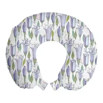 ABAKUHAUS Flowers Дорожная подушка для шеи, Цветочный рисунок дикого колокольчика, Пенопластовые дорожные принадлежности для самолета и автомобиля, 30x30 см, Белый пастельно-фиолетовый и хаки