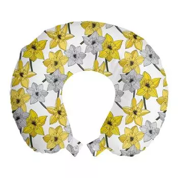 ABAKUHAUS Flowers Дорожная подушка для шеи, Цветущие цветы нарциссов, Пенопластовые дорожные принадлежности для самолета и автомобиля, 30x30 см, Земляно-желтый Светло-серый