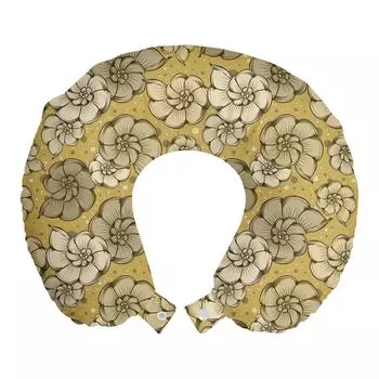 ABAKUHAUS Flowers Дорожная подушка для шеи, цветущие лепестки землистого тона, пенопластовые дорожные принадлежности для самолета и автомобиля, 30x30 см, бежевый и хаки