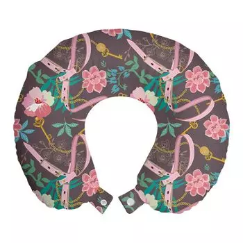 ABAKUHAUS Flowers Дорожная подушка для шеи, Цветущие цветы и пояс, Пенопластовые дорожные принадлежности для самолета и автомобиля, 30x30 см, Бирюзово-лиловый, темно-оранжевый