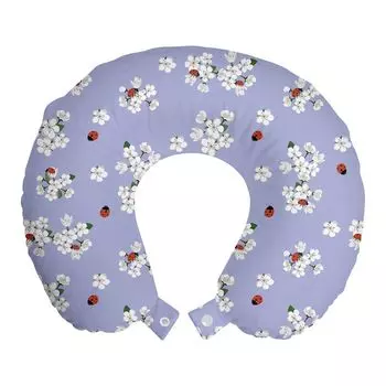 ABAKUHAUS Flowers Дорожная подушка для шеи, Цветы сакуры и божьи коровки, Пенопластовые дорожные принадлежности для самолета и автомобиля, 30x30 см, Бледный потолок Синий Белый
