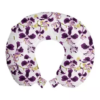 ABAKUHAUS Flowers Дорожная подушка для шеи, Цветы орхидеи Фаленопсис, Пенопластовые дорожные принадлежности для самолета и автомобиля, 30x30 см, Темно-фиолетовый, белый, хаки
