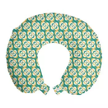ABAKUHAUS Flowers Дорожная подушка для шеи, двухцветные геометрические цветы, пенопластовый дорожный предмет для самолета и автомобиля, 30x30 см, бирюзово-горчичный и белый