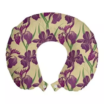 ABAKUHAUS Flowers Дорожная подушка для шеи, Фиолетовые тона Цветок Ириса, Пенопластовый дорожный предмет для самолета и автомобиля, 30x30 см, Бледный хаки Темно-пурпурный