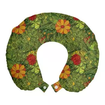 ABAKUHAUS Flowers Дорожная подушка для шеи, Fractal Retro Jungle Art, Пенопластовые дорожные принадлежности для самолета и автомобиля, 30x30 см, Оливково-зеленый киноварь