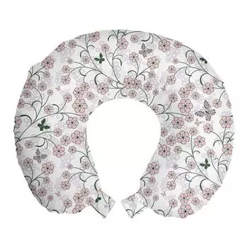 ABAKUHAUS Flowers Дорожная подушка для шеи, Gracious Simplistic Spring, Пенопластовые дорожные принадлежности для самолета и автомобиля, 30x30 см, Белый румянец Охотничий зеленый
