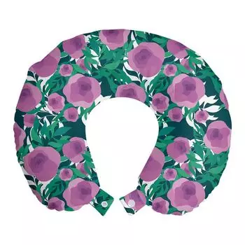 ABAKUHAUS Flowers Дорожная подушка для шеи, графические цветы и листья, пенопластовые дорожные принадлежности для самолета и автомобиля, 30x30 см, бледно-фуксия, морской зеленый