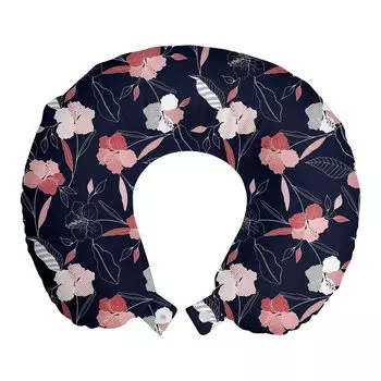 ABAKUHAUS Flowers Дорожная подушка для шеи, Модернистские нежные цветы, Пенопластовые дорожные принадлежности для самолета и автомобиля, 30x30 см, Цвет индиго Бледно-рубиновый