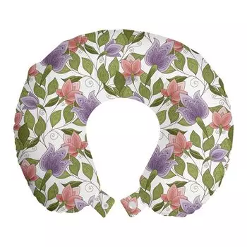 ABAKUHAUS Flowers Дорожная подушка для шеи, пастельные цветы тюльпана, пенопластовые дорожные принадлежности для самолетов и автомобилей, 30x30 см, оливково-зеленый коралл