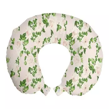 ABAKUHAUS Flowers Дорожная подушка для шеи, пастельные простые цветы розы, пенопластовые дорожные принадлежности для самолета и автомобиля, 30x30 см, папоротниково-зеленый цвет слоновой кости