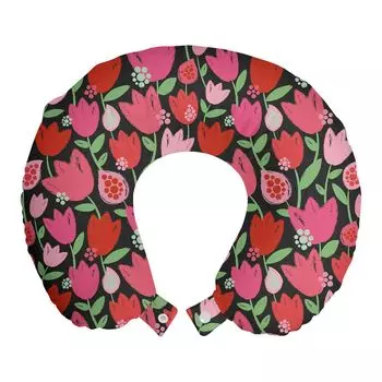 ABAKUHAUS Flowers Дорожная подушка для шеи, расписной тюльпан, весенняя тема, пенопластовые дорожные принадлежности для самолета и автомобиля, 30x30 см, многоцветный кокасо-серый