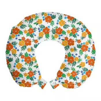 ABAKUHAUS Flowers Дорожная подушка для шеи, разноцветные цветы гибискуса, пенопластовые дорожные принадлежности для самолета и автомобиля, 30x30 см, белые и разноцветные