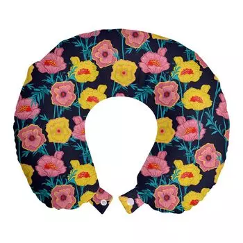 ABAKUHAUS Flowers Дорожная подушка для шеи, сплошные луговые цветы, пенопластовые дорожные принадлежности для самолета и автомобиля, 30x30 см, темно-синий многоцветный