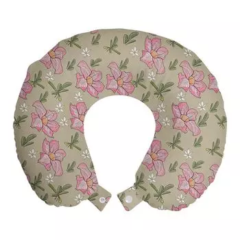 ABAKUHAUS Flowers Дорожная подушка для шеи, Тропический розовый цветок, Пенопластовые дорожные принадлежности для самолета и автомобиля, 30x30 см, Бледно-многоцветная сепия