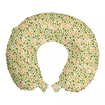 ABAKUHAUS Flowers Дорожная подушка для шеи, весенние цветы, пенопластовые дорожные принадлежности для самолета и автомобиля, 30x30 см, персиково-папоротниково-зеленый и кремовый