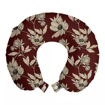 ABAKUHAUS Flowers Дорожная подушка для шеи, винтажное искусство цветов мака, пенопластовые дорожные принадлежности для самолета и автомобиля, 30x30 см, серо-желтый бордовый