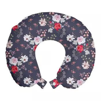 ABAKUHAUS Flowers Дорожная подушка для шеи, винтажный художественный букет цветов, пенопластовые дорожные принадлежности для самолета и автомобиля, 30x30 см, темно-индиго и многоцветный