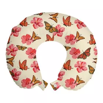 ABAKUHAUS Flowers Insects Дорожная подушка для шеи, Hibiscus Monarch, пенопластовые дорожные принадлежности для самолета и автомобиля, 30x30 см, коралловый и оранжевый цвета яичной скорлупы