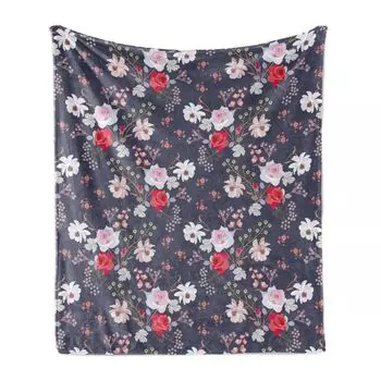 ABAKUHAUS Flowers Мягкое фланелевое флисовое одеяло, Букет из роз Таволги и космоса в винтажном стиле, 175 x 230 см, Темный индиго и разноцветные