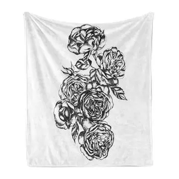 ABAKUHAUS Flowers Мягкое фланелевое флисовое одеяло, цветочная композиция, уютный плюш для использования в помещении и на открытом воздухе, 125 x 175 см, угольно-серый и белый