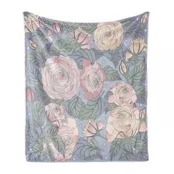 ABAKUHAUS Flowers Мягкое фланелевое флисовое одеяло, цветочный дизайн, листья и цветы розовой розы, 175 x 230 см, синий потолок, розовый
