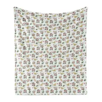 ABAKUHAUS Flowers Мягкое фланелевое флисовое одеяло, Птицы и цветы на голубом фоне, 175 x 230 см, Разноцветный, белый
