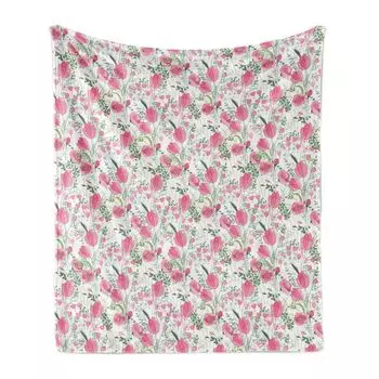 ABAKUHAUS Flowers Мягкое фланелевое флисовое одеяло, Соблазнительные тюльпаны Листья Green Garden Art English Рост Экология Свежесть, 175 x 230 см, Разноцветный, зеленый