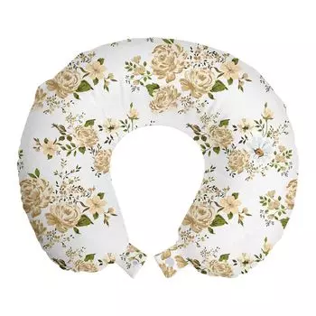 ABAKUHAUS Flowers Travel Pillow Neck Support, Floral Roses Vector, Пенопластовые дорожные принадлежности для самолетов и автомобилей, 30x30 см, белый и бежевый