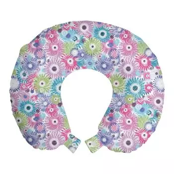 ABAKUHAUS Flowers Travel Pillow Подушка для шеи, разноцветные винтажные кудри, пенопластовые дорожные принадлежности для самолета и автомобиля, 30x30 см, разноцветные