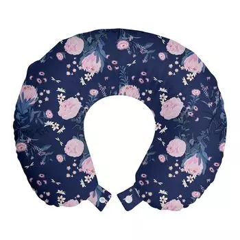 ABAKUHAUS Flowers Travel Pillow Подушка для шеи, розовые цветы стрекозы, пенопластовые дорожные принадлежности для самолета и автомобиля, 30x30 см, лавандовый и лиловый