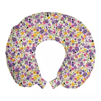 ABAKUHAUS Flowers Travel Pillow Подушка для шеи, Цветущие весенние цветы, Пенопластовые дорожные принадлежности для самолета и автомобиля, 30x30 см, Фиолетово-земляно-желтый