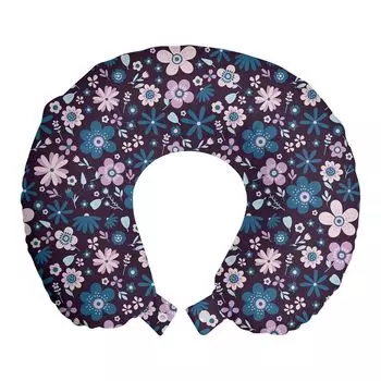 ABAKUHAUS Flowers Travel Pillow Подушка для шеи, фиолетовые тона, винтажные цветы, пенопластовые дорожные принадлежности для самолета и автомобиля, 30x30 см, морской синий фиолетовый