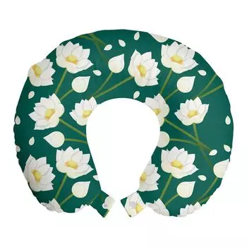 ABAKUHAUS Flowers Travel Pillow Подушка для шеи, лепестки и стебли лотоса, пенопластовые дорожные принадлежности для самолета и автомобиля, 30x30 см, лесно-зеленый разноцветный