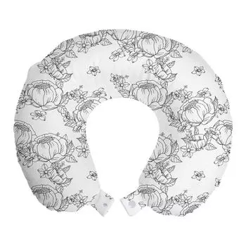ABAKUHAUS Flowers Travel Pillow Подушка для шеи, Peony Flowers Sketch Art, Пенопластовые дорожные принадлежности для самолета и автомобиля, 30x30 см, угольно-серый и белый