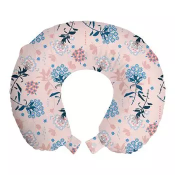 ABAKUHAUS Flowers Travel Pillow Подушка для шеи, Цветы на румяном фоне, Пенопластовые дорожные принадлежности для самолета и автомобиля, 30x30 см, Румяна сине-серые