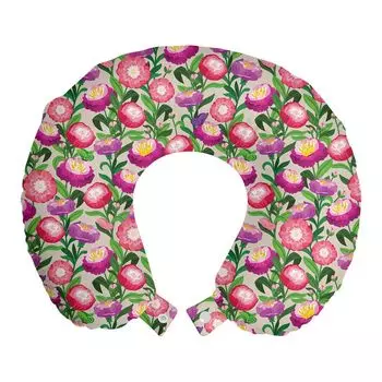 ABAKUHAUS Flowers Travel Подушка для шеи, Цветы с акварельным эффектом, Пенопластовые дорожные принадлежности для самолета и автомобиля, 30x30 см, Разноцветные