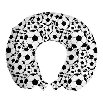ABAKUHAUS Football Travel Pillow Подушка для шеи, Monochrome Balls Boys, пенопластовые дорожные принадлежности для самолета и автомобиля, 30x30 см, белый черный