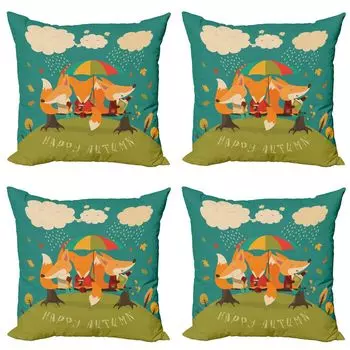 ABAKUHAUS Forest Friends Комплект чехлов на подушку (4 шт.), зонт с лисами, современный двусторонний цифровой принт, 60 см x 60 см, разноцветный