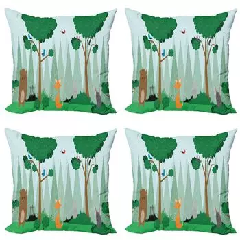 ABAKUHAUS Forest Friends Набор чехлов для подушек (4 предмета), Woods Cartoon, современная двусторонняя цифровая печать, 40 см x 40 см, разноцветные