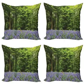 ABAKUHAUS Forest Набор чехлов для подушек (4 предмета), Bluebell Flowers Forest, современная двусторонняя цифровая печать, 60 см x 60 см, фиолетово-зеленый