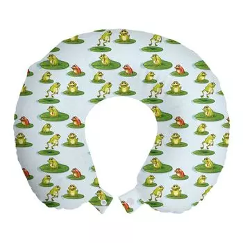ABAKUHAUS Frog Travel Pillow Подушка для шеи, мультяшные прыгающие прудовые животные, пенопластовые дорожные принадлежности для самолета и автомобиля, 30x30 см, нежно-голубые разноцветные
