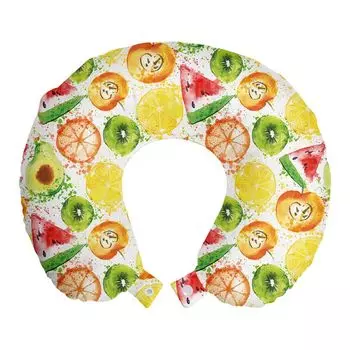 ABAKUHAUS Fruit Travel Подушка для шеи, Арбуз, Киви, Авокадо, Пенопластовые дорожные принадлежности для самолета и автомобиля, 30x30 см, Разноцветные