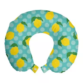 ABAKUHAUS Fruit Travel Подушка для шеи, Lemon Citrus Polka Dots Art, Пенопластовые дорожные принадлежности для самолета и автомобиля, 30x30 см, Желто-зеленый папоротник