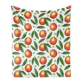ABAKUHAUS Fruits Мягкое фланелевое флисовое одеяло, повторяющиеся персики с листьями и горошком на однотонном фоне, 175 x 230 см, Белый киноварь Красный папоротник Зеленый