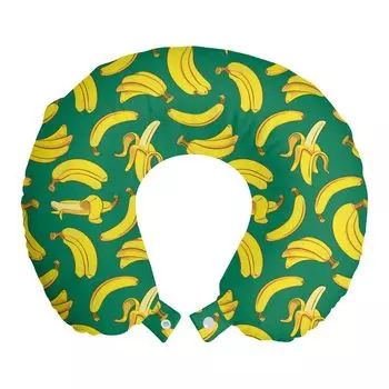 ABAKUHAUS Fruits Travel Pillow Подушка для шеи, принт «Здоровые свежие бананы», пенопластовые дорожные принадлежности для самолета и автомобиля, 30x30 см, Желтый Темно-Желтый