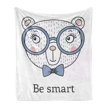 ABAKUHAUS Funny Bear Мягкое фланелевое флисовое одеяло, нарисованное вручную в виде портрета с очками и галстуком-бабочкой Be Smart Wording, 175 x 230 см, румяный потолок сине-белый, синий