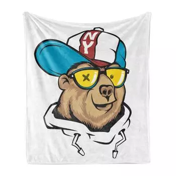 ABAKUHAUS Funny Bear Мягкое фланелевое флисовое одеяло, цифровой медведь в солнцезащитных очках и крутая кепка с надписью «NY», 175 x 230 см, разноцветный
