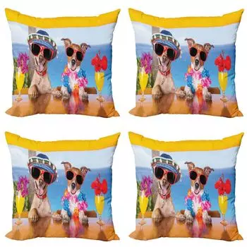 ABAKUHAUS Funny Набор чехлов для подушек (4 предмета), Tropic Summer Dog Friends, современная двусторонняя цифровая печать, 45 x 45 см, многоцветный