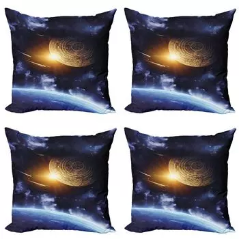 ABAKUHAUS Galaxy Набор чехлов для подушек (4 предмета), Мистический земной пейзаж, современная двусторонняя цифровая печать, 45 см x 45 см, сине-желтый