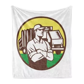 ABAKUHAUS Garbage Truck Мягкое фланелевое флисовое одеяло, Мужчина со сложенными руками и грузовиком внутри круга, 175 x 230 см, Разноцветный коричневый